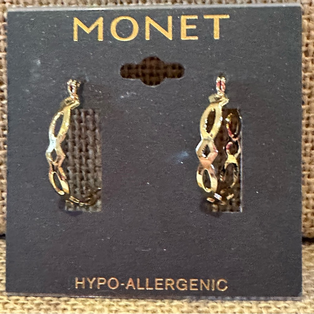NWT Monet Earrings.   Gold tone cut-out hoops - hypoallergenic - Leverback close